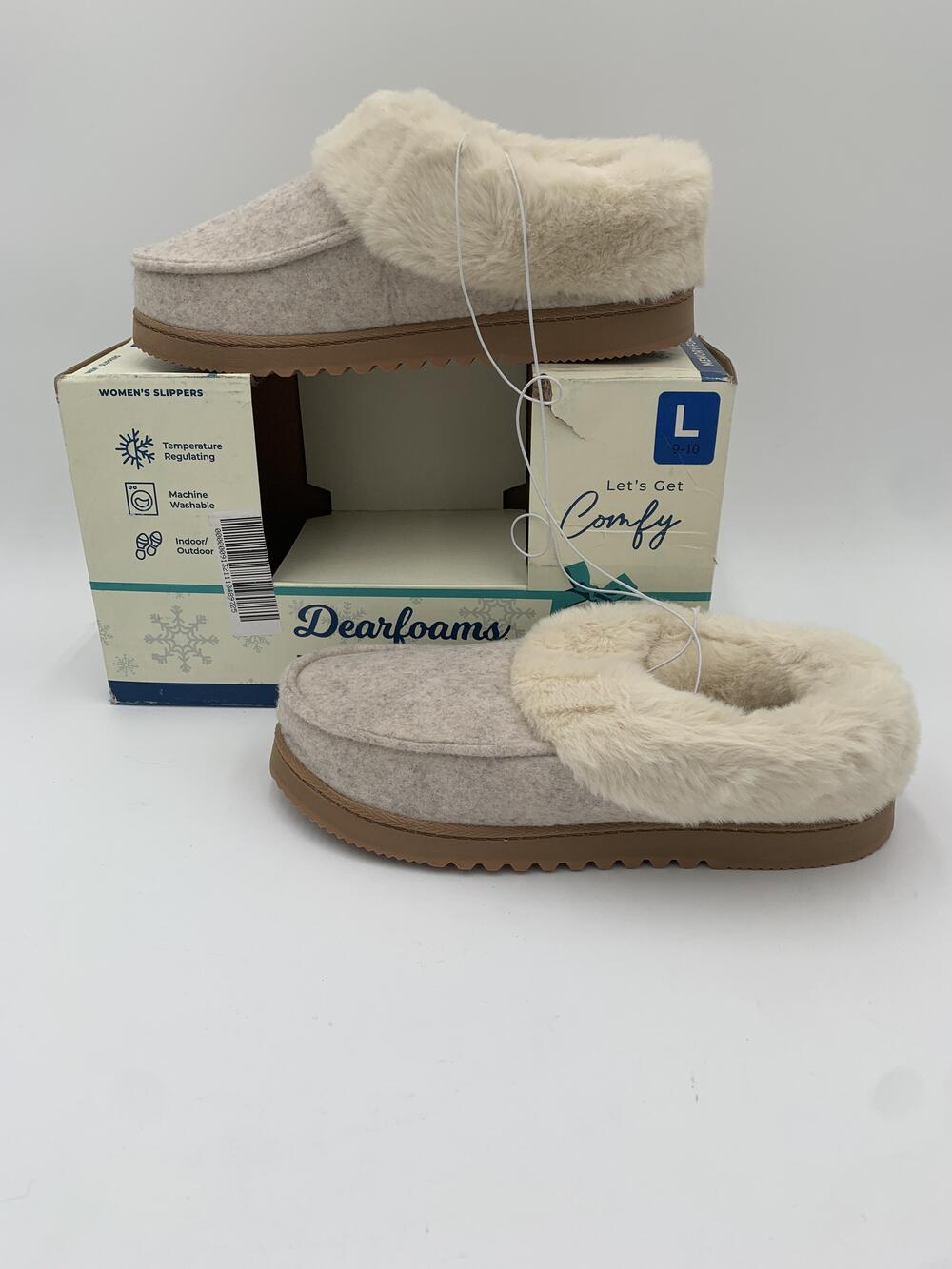 Dearfoams Slippers Womens Beige Clog Faux Fur Memory Foam House Shoes Size 9.5